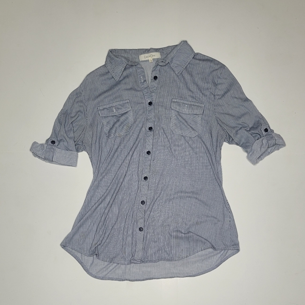 Eden & Olivia Maternity Blue Striped Shirt Roll Tab Sleeve Sz L